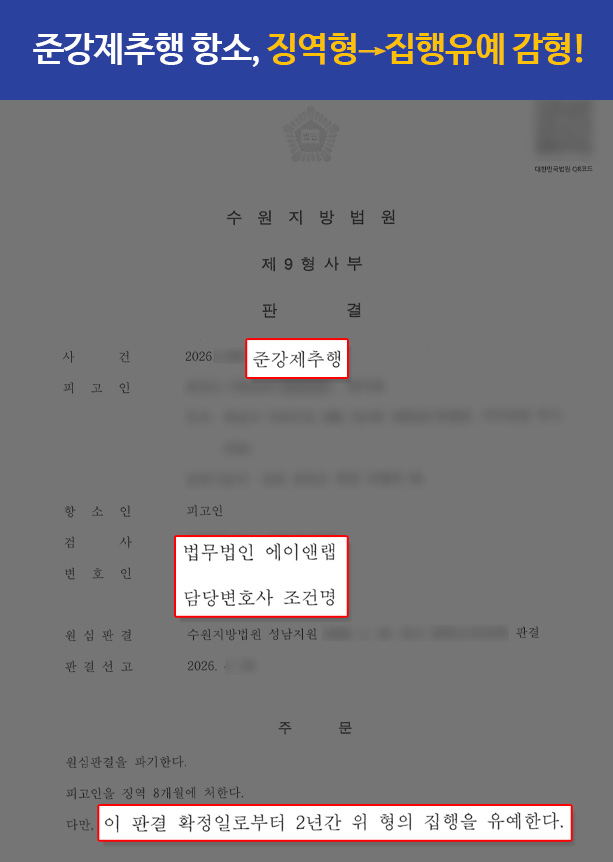 성범죄항소｜준강제추행 징역형 판결 항소심, 집행유예로 감형 이끌어내