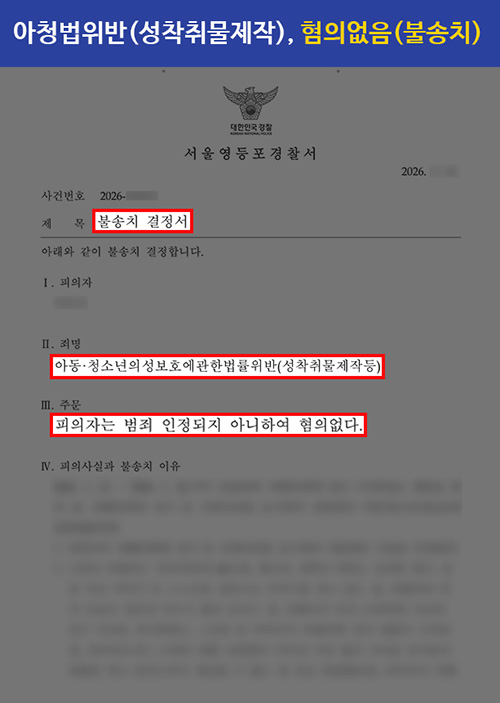 아청법 경찰조사 | 성착취물 제작 혐의, 불송치